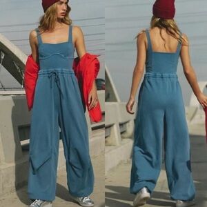 NWT FREE PEOPLE movement Inbound onesie skyline misty blue Jumpsuit w Drawstring